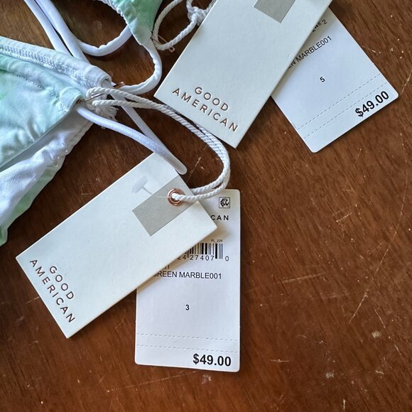 GOOD AMERICAN Tiny Ties Bikini Set | Green & White Marble | 5 top 3 bottom - Picture 5 of 8